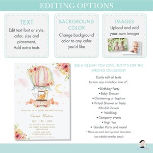 May include: A pink and white hot air balloon with a cute animal illustration, surrounded by pink flowers and clouds. The text "It's a Girl!" is on a banner hanging from the balloon. The invitation is for a baby shower honoring Emma Watson.
