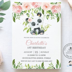 Invitation d'anniversaire Panda mignon, MODÈLE MODIFIABLE, Pink Floral Greenery Bamboo Girl First 1st Party Invite Printable, INSTANT Download, PA2