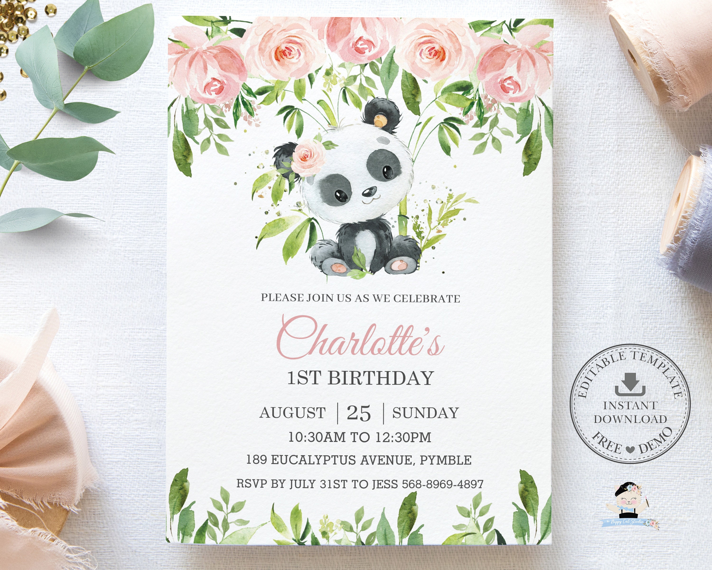 Invitation d'anniversaire Panda mignon, MODÈLE MODIFIABLE, Pink