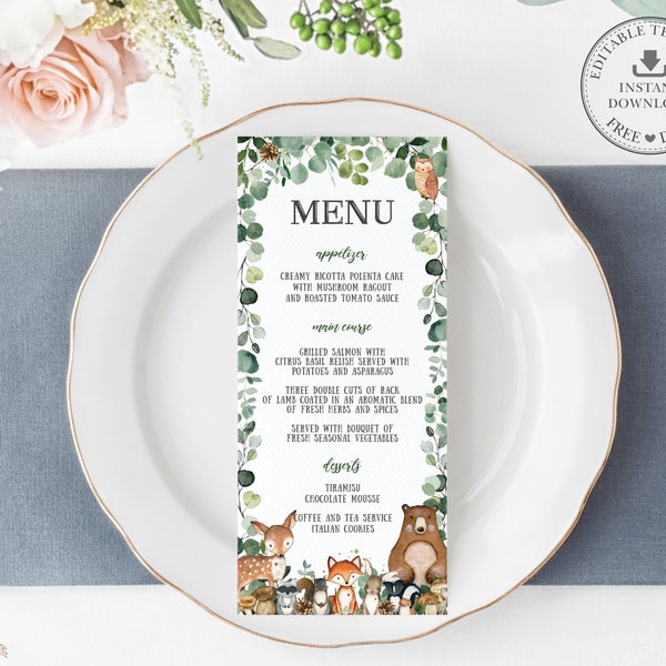 Woodland Animals Greenery Menu Printable, EDITABLE TEMPLATE, Rustic Eucalyptus Gender Neutral Baby Shower Birthday, INSTANT Download, WG17