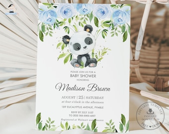 Cute Panda Blue Floral Greenery Invitation EDITABLE TEMPLATE, Adorable Boy Baby Shower Editable Invite Printable Pdf, INSTANT Download, PA2