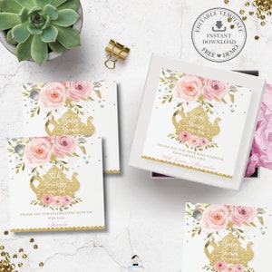 Chic Blush Pink Floral Tea Party Square Favor Tag, EDITIERBARE VORLAGE, Bridal Baby Shower Birthday Danke Printable, INSTANT Download, TP2