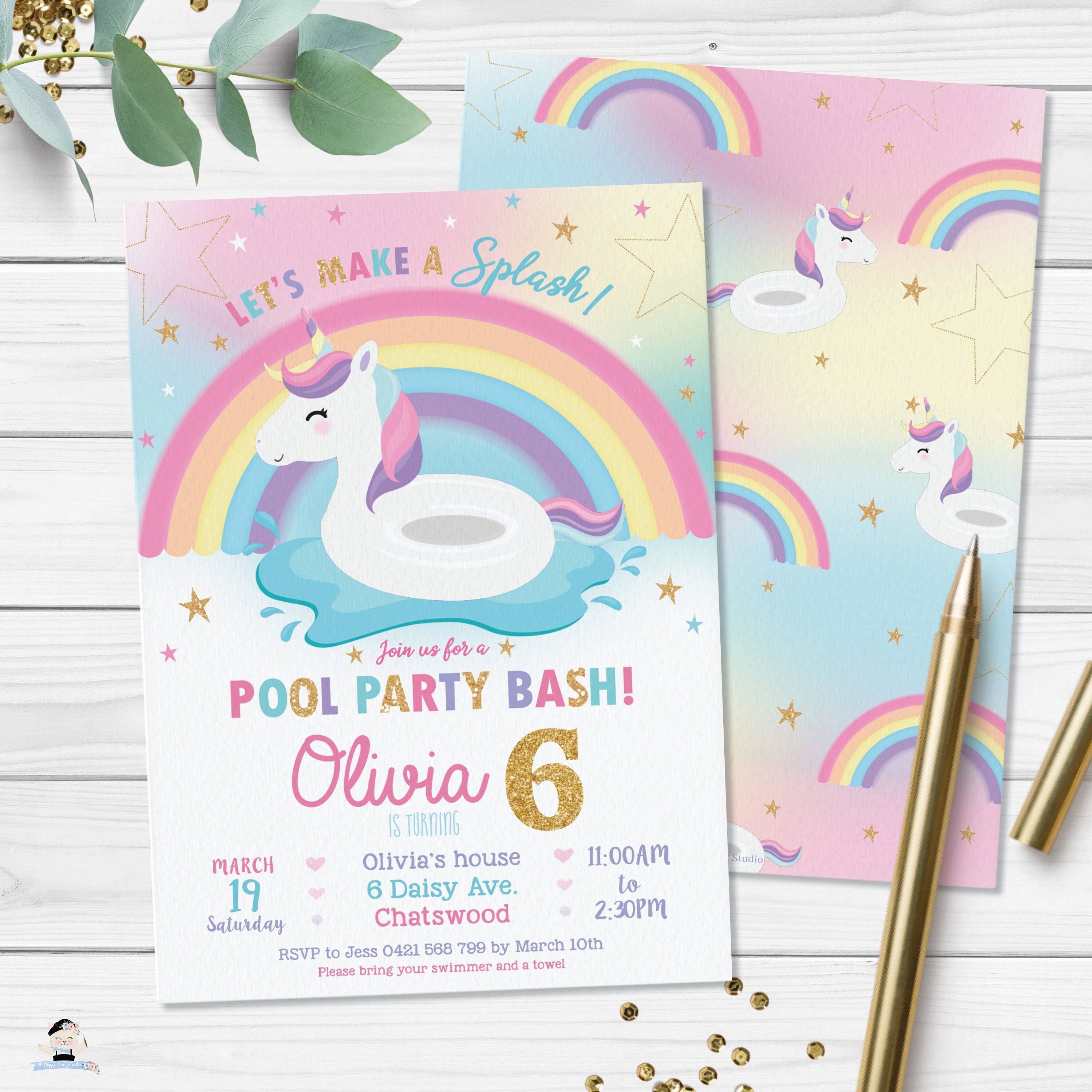 Unicorn Pool Party Invitation EDITABLE TEMPLATE Rainbow Cute Etsy