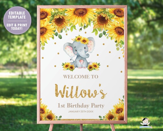 Elephant Sunflower Welcome Sign, EDITABLE TEMPLATE, Instant Download, Elephant Baby Shower Birthday Poster Decor, Rustic, Yellow Floral, EP8 Il_570xn