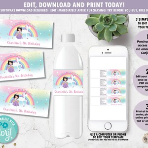 K&ouml;nnte beinhalten: Eine druckbare Wasserflaschenetikettenvorlage mit einem Einhorn und einer Prinzessin vor einem Regenbogenhintergrund. Der Text auf dem Etikett lautet "A Magical Day is on the Way! Charlotte's 5th Birthday".