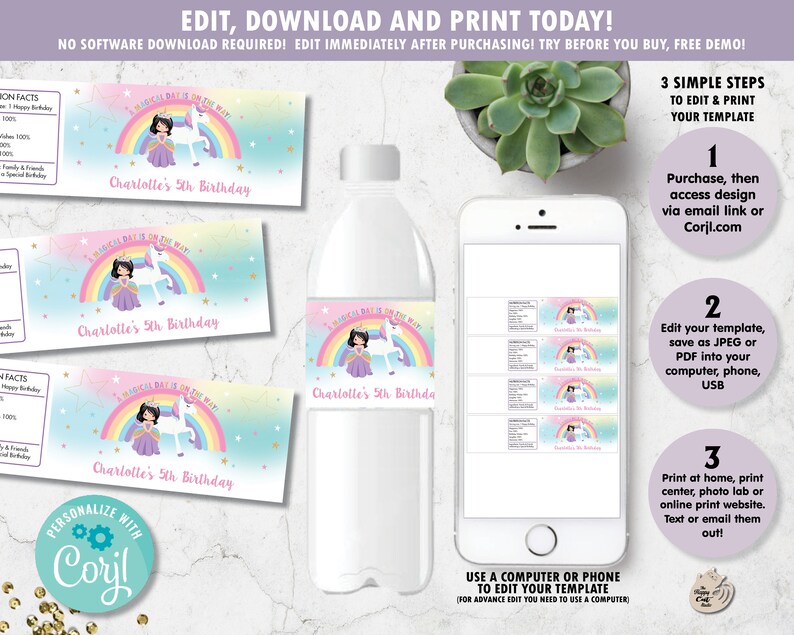 K&ouml;nnte beinhalten: Eine druckbare Wasserflaschenetikettenvorlage mit einem Einhorn und einer Prinzessin vor einem Regenbogenhintergrund. Der Text auf dem Etikett lautet "A Magical Day is on the Way! Charlotte's 5th Birthday".