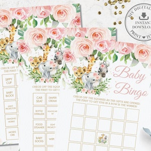 Dschungel Tiere Baby Bingo, SOFORT DOWNLOAD, Vorgefüllt rosa Floral Grün Safari Elefant Baby Shower Spiel Aktivität DIY PDF druckbar JA6