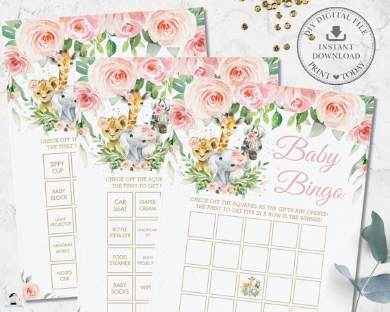 Jungle Animals Baby Bingo, INSTANT DOWNLOAD, Pre-filled Pink Floral Greenery Safari Elephant Baby Shower Game Activity Diy PDF Printable JA6 Il_570xn