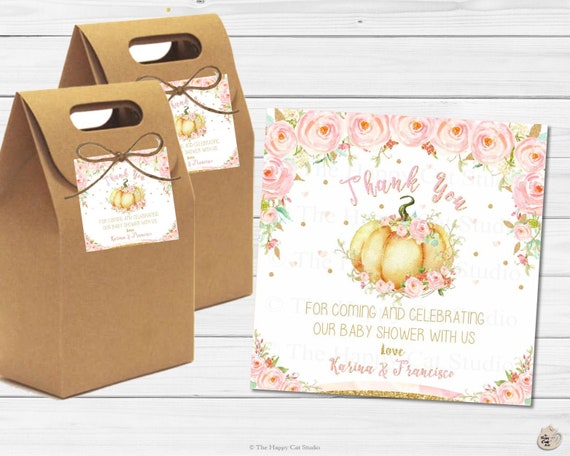 Little Pumpkin Baby Shower Personalized Thank You Tags, Favor, Gift Labels, Floral, Printable, Digital, Floral, Girl, Lolly, Loot Bag, Blush Il_570xn