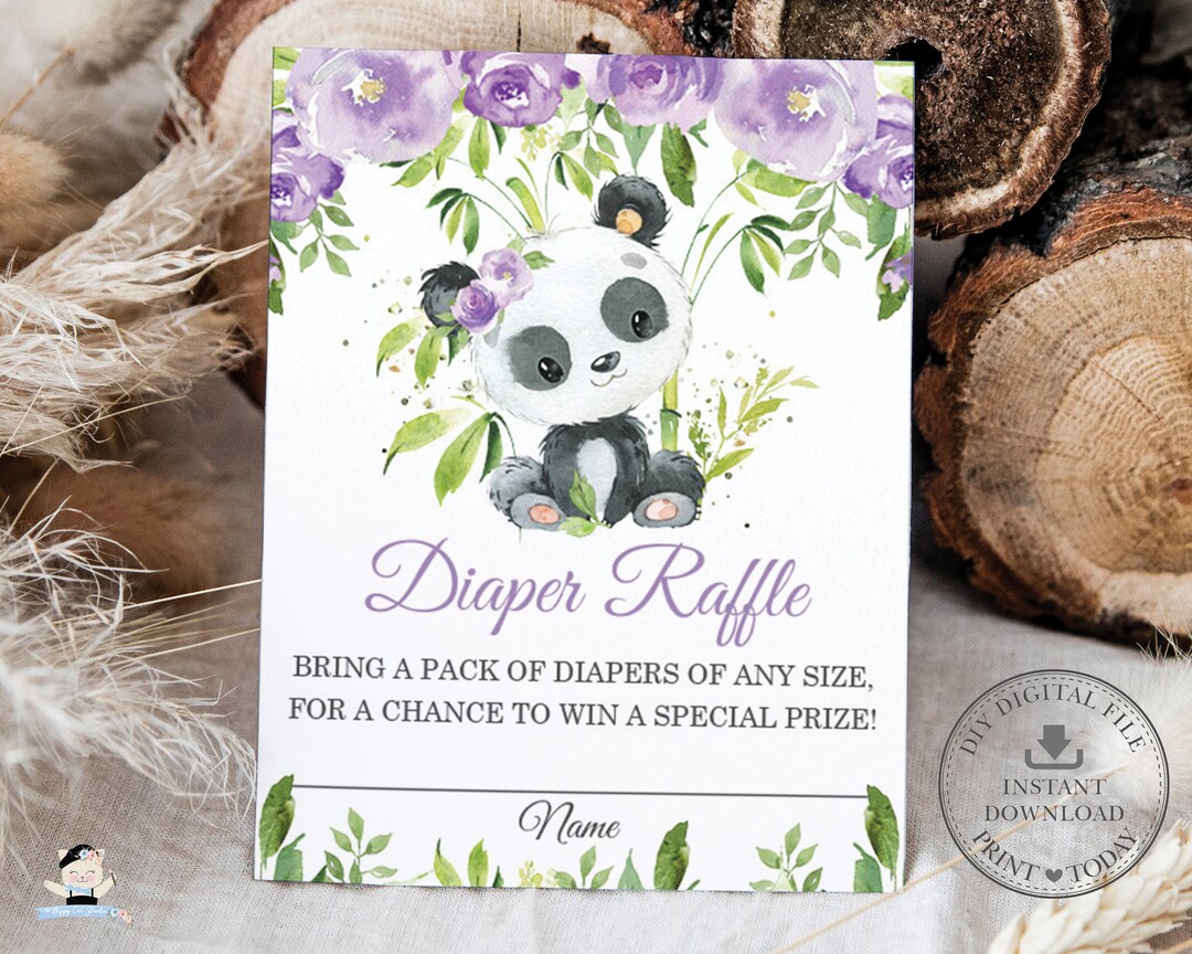 Chic Cute Panda Bear Diaper Raffle Cards, Purple Floral Flowers ...