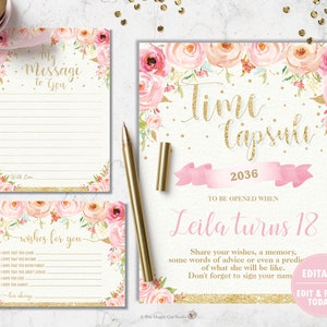 Sinal de cápsula de tempo floral rosa EDITÁVEL, cartão de mensagem, decoração de festa de primeiro aniversário para impressão, rosas cor de rosa, flores blush, primeiro, glitter dourado TC1