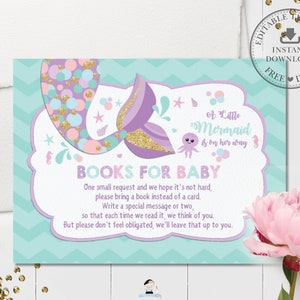 Zeemeermin Breng een boek in plaats van een kaart, BEWERKBARE SJABLOON, Babyshower, Onder de zee afdrukbaar, Goud Turquoise Paarse Staart, INSTANT, MT3