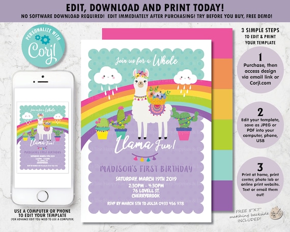 Llama Fun Invitation, Llama Printable, Whole Llama Fun 1st First ...