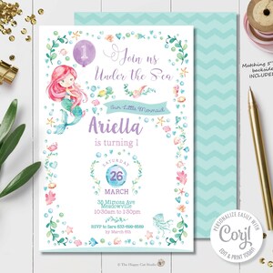 Mermaid Invitation, Mermaid Printable, Editable Template, 1st Birthday Party, Under the Sea, Pool Party Invitation, Digital, Watercolor, WM1