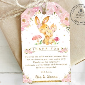 Niedliche Häschen Bevorzugung Tag, EDITIERBARE VORLAGE, Rosa Blumen Gemeinsame Geburtstag Geschwister Schwestern Dankeschön druckbare SOFORTIGER Download BR1