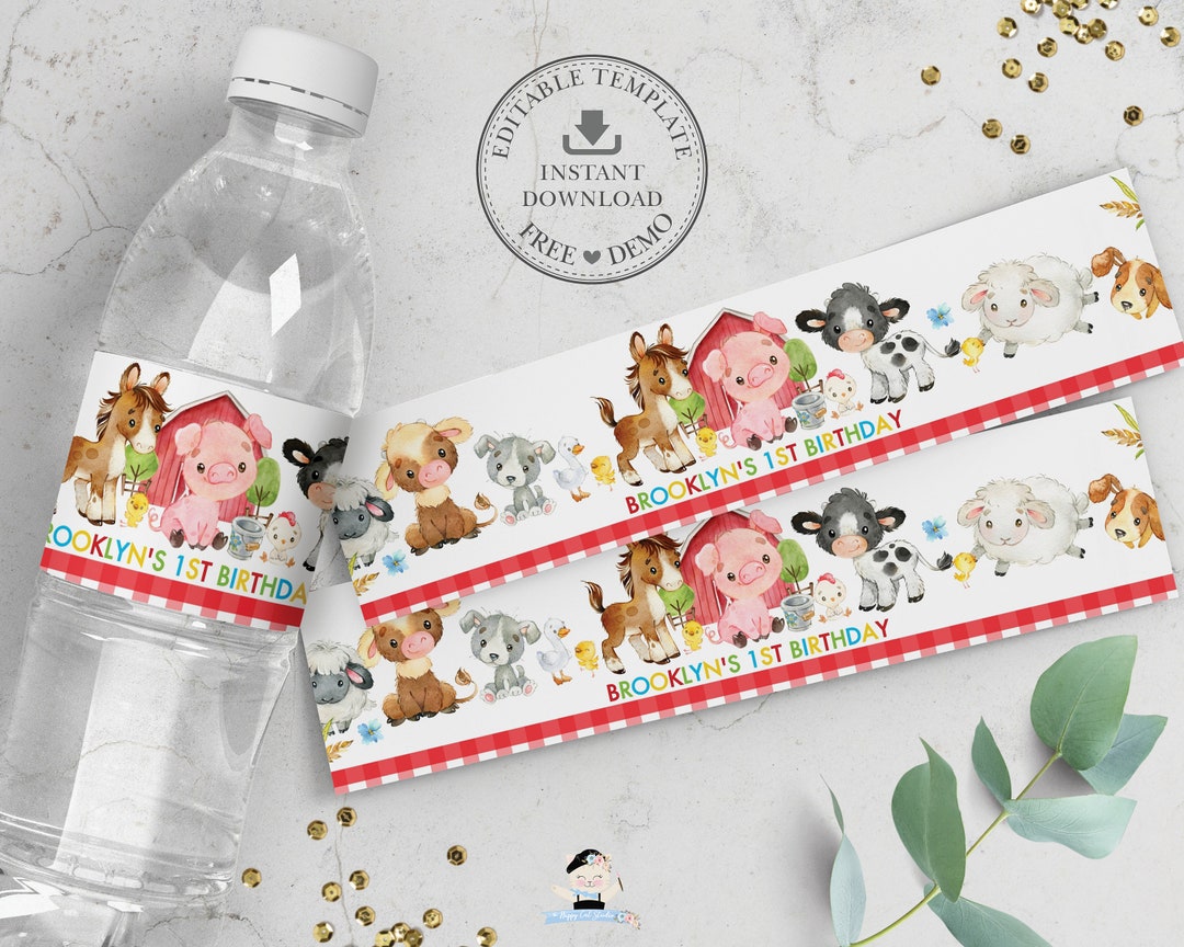 Cute Farm Animals Water Bottle Labels, EDITABLE TEMPLATE, Sticker