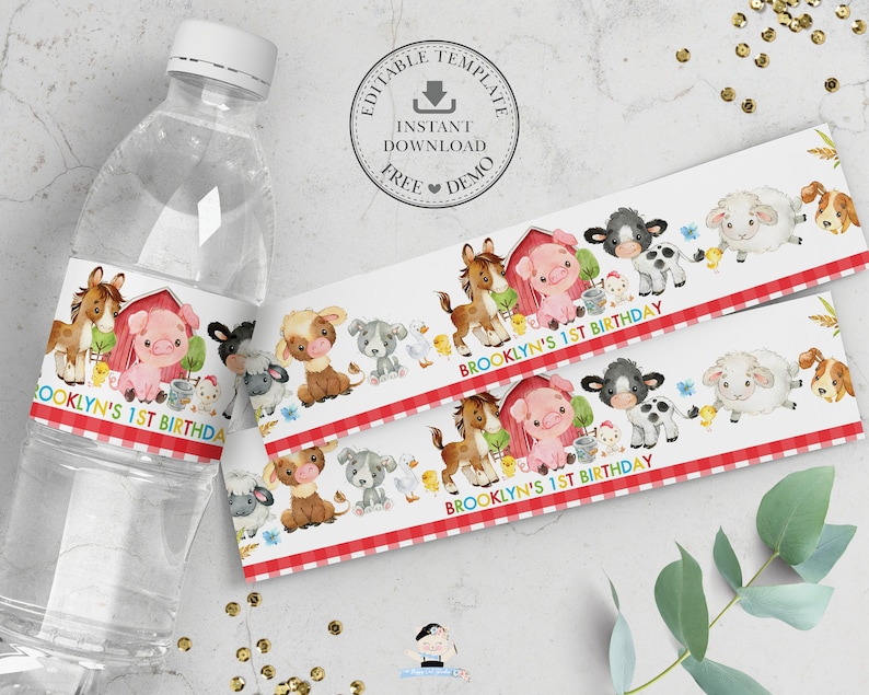 Cute Farm Animals Water Bottle Labels EDITABLE TEMPLATE Etsy