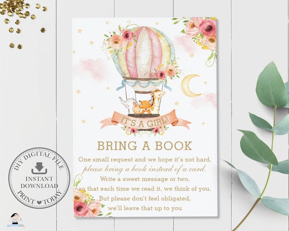 Hot Air Balloon Bring a Book Card, Whimsical Pink Blush Floral, Jungle Animals Baby Girl Shower Books Insert, Diy Pdf INSTANT Download, HB7 Il_570xn