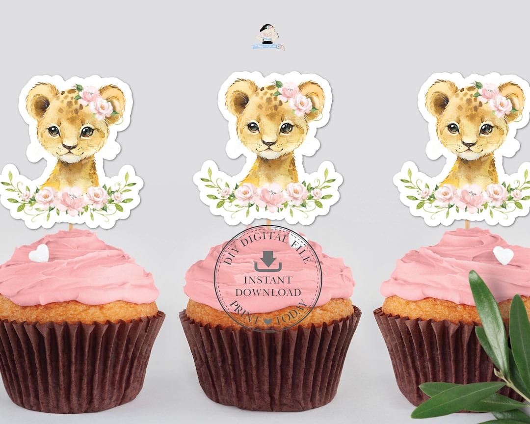 Cute Lion Cub Pink Floral Cupcake Toppers Printable, INSTANT DOWNLOAD, Jungle Animals Safari ...