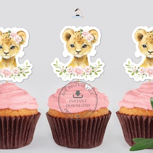 Niedlicher Löwe Junggesellinnenabzug Pink Floral Cupcake Toppers Druckbar, INSTANT DOWNLOAD, Dschungel Tiere Safari Tortenbrot Centerpiece Baby Shower Geburtstag Party LN2