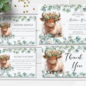 Highland Cow Greenery Babypartyeinladungspaket, EDITIERBARE VORLAGE, gefaltete Danke-Windel-Verlosungsbücher für Baby-Download Printable HK1
