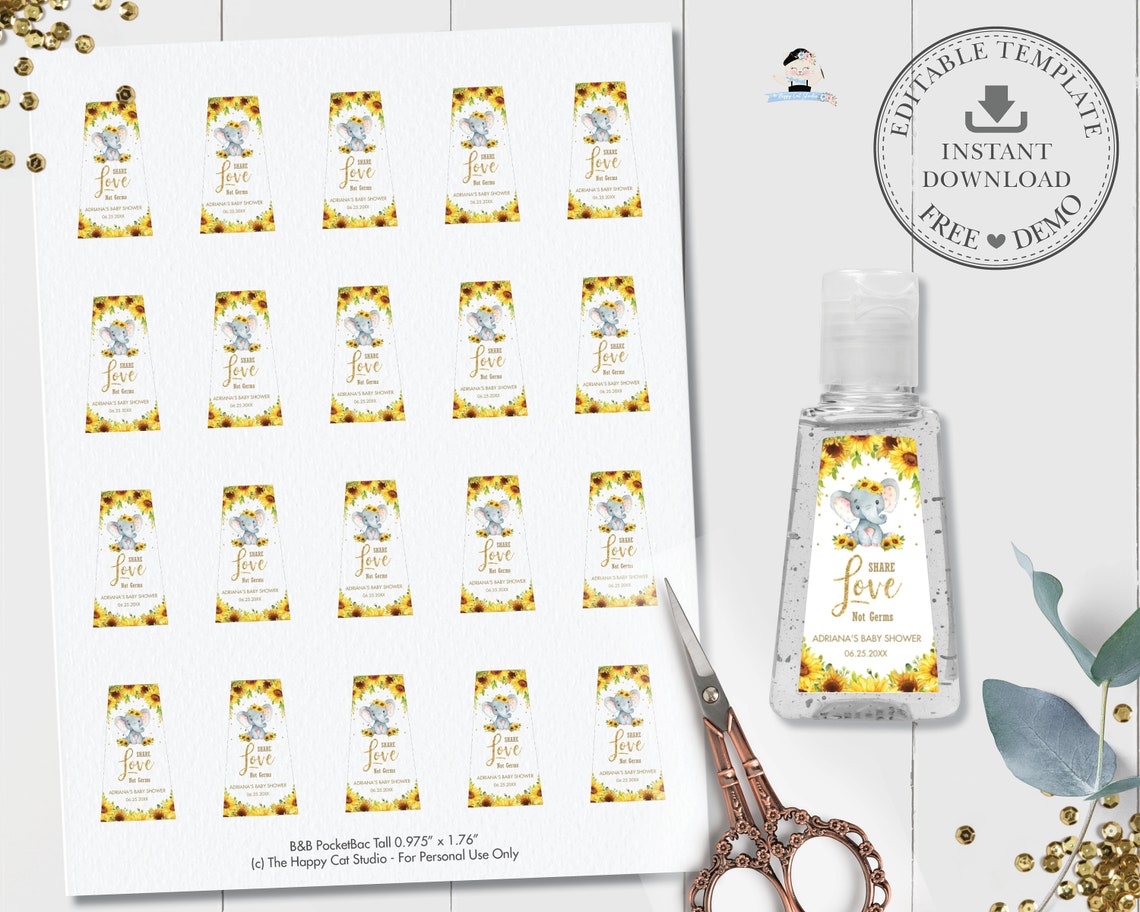 Sunflower Elephant Hand Sanitizer Labels EDITABLE TEMPLATE Etsy Australia