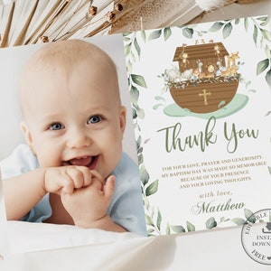 Arche Noah Taufe Foto Danke, EDITIERBARE VORLAGE, schickes Grün 1. Geburtstag Arche Noah niedliche Tiere einladen printable, NA1