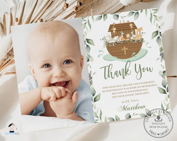 Noah's Ark Baptism Christening Photo Thank You, EDITABLE TEMPLATE, Chic Greenery 1st Birthday Noahs Ark Cute Animals Invite Printable, NA1 Il_570xn