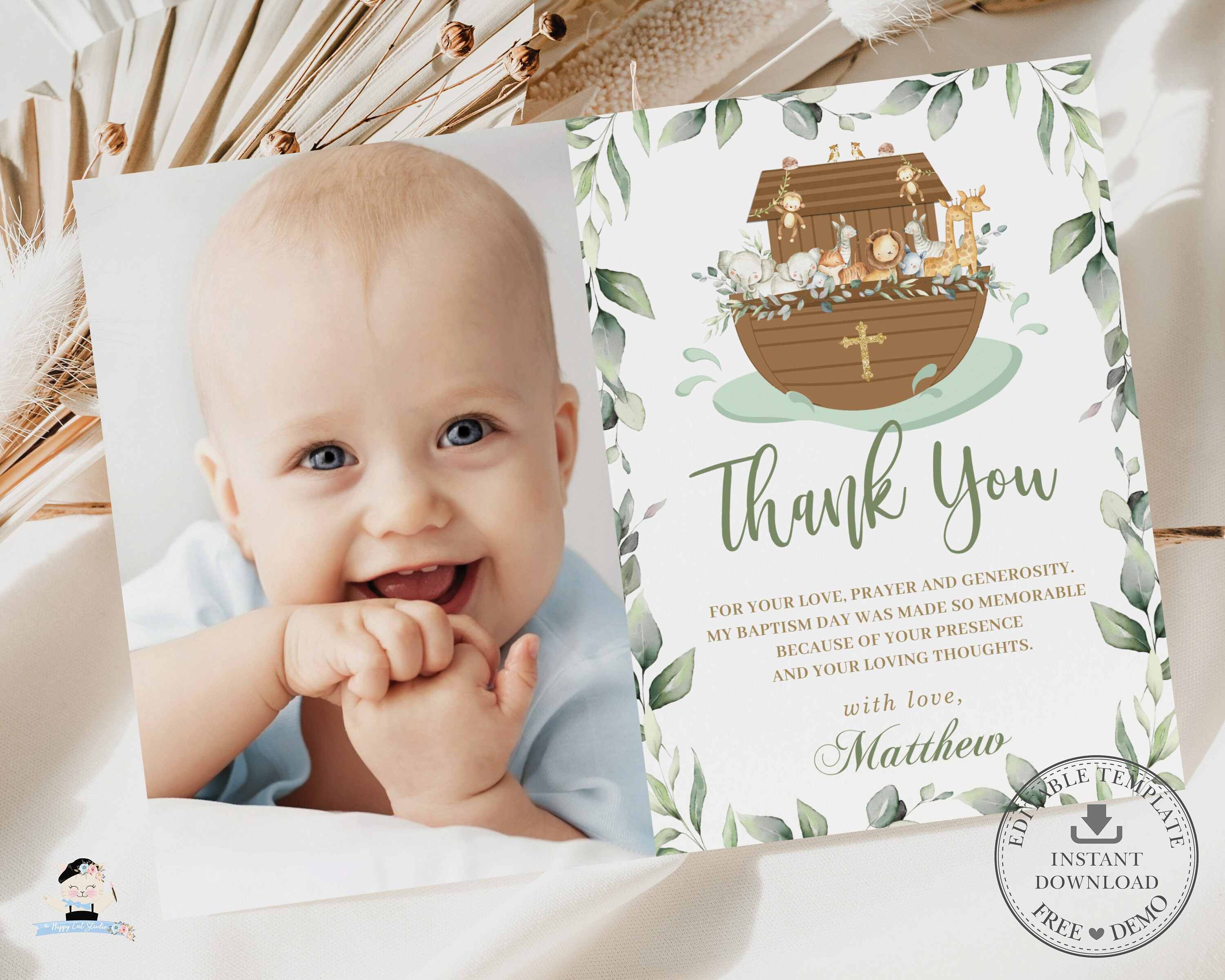 Noah's Ark Baptism Christening Photo Thank You, EDITABLE TEMPLATE, Chic Greenery 1st Birthday Noahs Ark Cute Animals Invite Printable, NA1