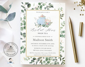 Chic Eucalyptus Greenery High Tea Bridal Shower Invitation Printable, EDITABLE TEMPLATE, Baby Birthday Garden Party Invites Pdf, INSTANT TP6