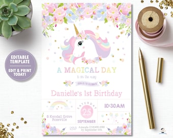 Unicorn Invitation, EDITABLE TEMPLATE, Rainbow Cute Unicorn 1st Birthday Invite Printable, First, Pastel Floral, Pdf INSTANT Download, UB8