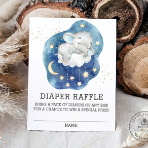 Niedliche schlafende Elefant auf Wolke Mond Sterne Windel Raffle Karte Junge Baby Dusche Windel Raffle Einsätze Printable SOFORT Download EP12