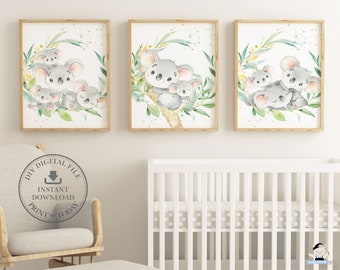 Australian Animals Nursery Wall Art, Cute Koalas Koala Family Eucalyptus Greenery Printable, Whimsical Kids Room Decor, INSTANT DOWNLOAD AU1