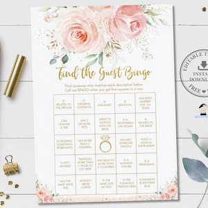 EDITABLE TEMPLATE Find the Guest Bingo Bridal Shower Game, Chic Blush Pink Floral Rose Flower Gold Icebreaker Activity Digital Printable PK5
