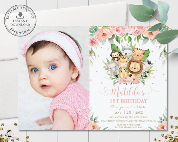 Jungle Animals Birthday Photo Invitation, EDITABLE TEMPLATE, Blush Pink Floral Cute Girly Sweet Girl Forest Safari Invite Printable Pdf, JA3 Il_570xn