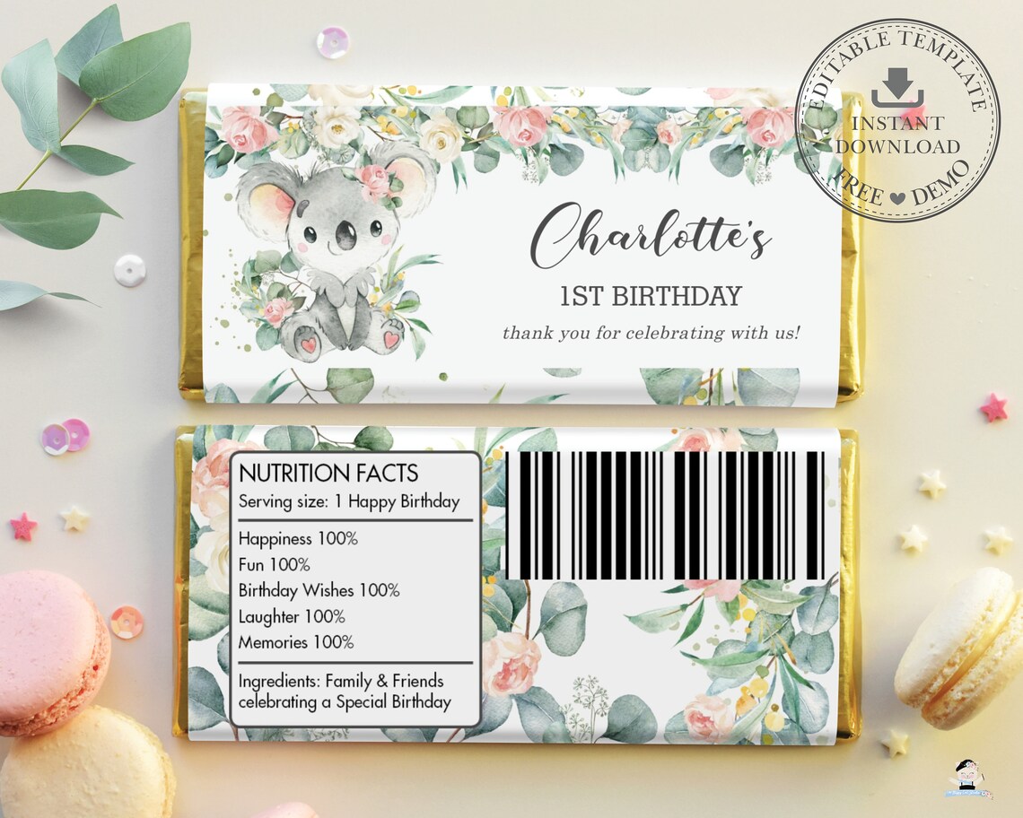 Cute Koala Chocolate Bar Wrappers EDITABLE TEMPLATE | Etsy