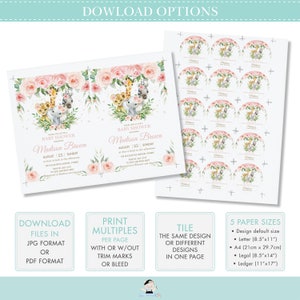 May include: Printable baby shower invitation with a pink and green jungle animal theme. The invitation features a giraffe, lion, elephant, and zebra with pink flowers. The text on the invitation reads "Join us for a baby shower honouring Madison Brown, August 25, Sunday".