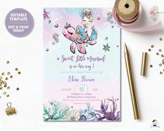 Mermaid Invitation, Mermaid Baby Shower Instant Download, Little Mermaid Printable, Under the Sea, Blonde Girl Diy PDF EDITABLE TEMPLATE MT2 Il_570xn
