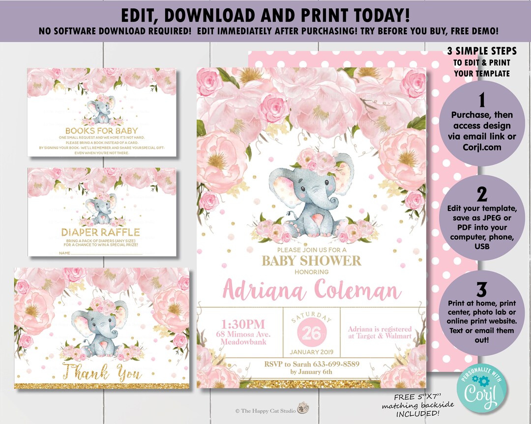 EDITABLE TEMPLATE Elephant Baby Shower Invitation Bundle, Elephant