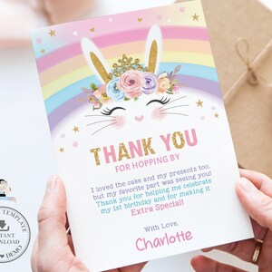 EDITIERBARE VORLAGE, Hase Dankeschön Karte, niedliche schicke Prinzessin Regenbogen druckbare, Babyparty, 1. Geburtstag, Blumen INSTANT Download CB5