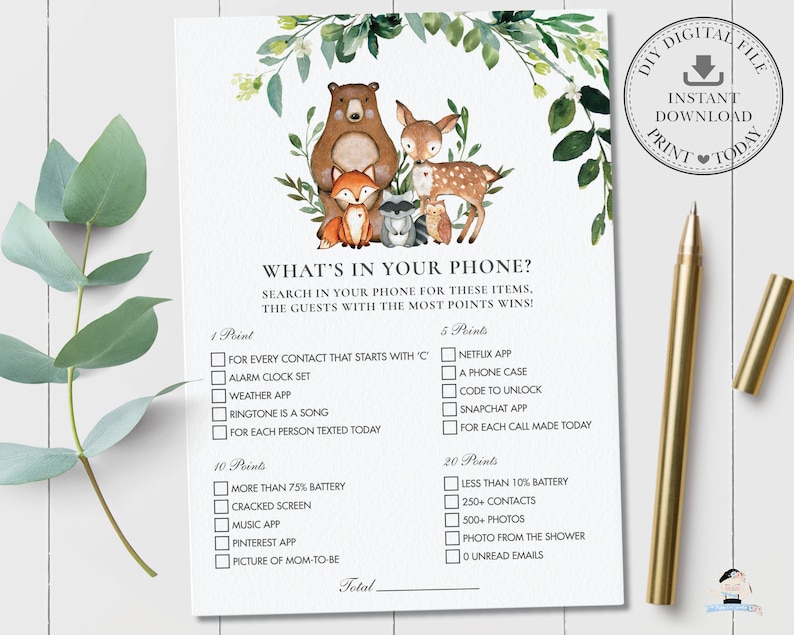 Rustic Woodland Greenery Fun Baby Shower Activity Printable WG7 Woodland Animals What/'s In Your Phone Game INSTANT DOWNLOAD