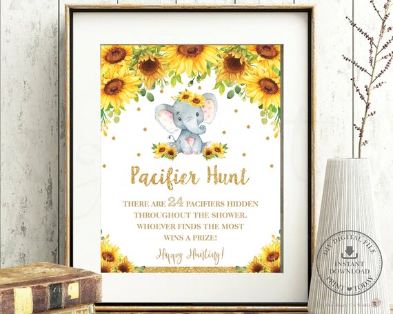 Elephant Pacifier Hunt Game Sign, INSTANT DOWNLOAD, Rustic Chic Floral Sunflower Elephant Baby Shower Game Activity, Diy PDF Printable, EP8 Il_570xn