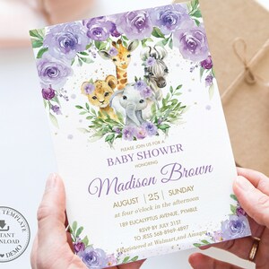 May include: Purple floral baby shower invitation with a giraffe, zebra, lion, and elephant. The invitation says "Please join us for a baby shower honoring Madison Brown, August 25, Sunday at four o'clock in the afternoon, 189 Eucalyptus Avenue, Pymble, RSVP by July 31st to Jess 568-8969-4897, Registered at Walmart and Amazon."