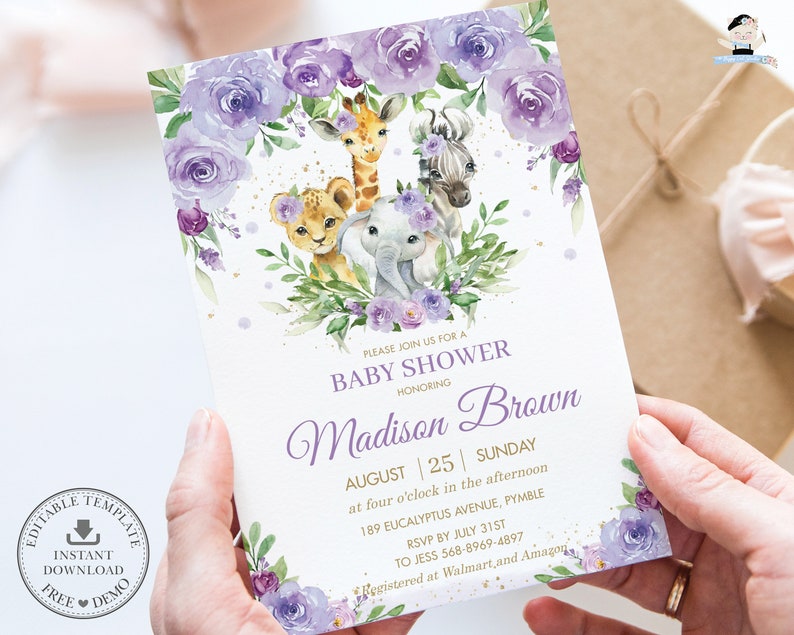 May include: Purple floral baby shower invitation with a giraffe, zebra, lion, and elephant. The invitation says "Please join us for a baby shower honoring Madison Brown, August 25, Sunday at four o'clock in the afternoon, 189 Eucalyptus Avenue, Pymble, RSVP by July 31st to Jess 568-8969-4897, Registered at Walmart and Amazon."