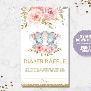 Diaper Raffle, Elephant Twins Baby Shower Diaper Raffle Insert, Blush Floral Elephant Twin Girls Diaper Raffle Cards, INSTANT DOWNLOAD, PK2