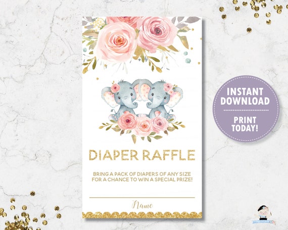 Diaper Raffle, Elephant Twins Baby Shower Diaper Raffle Insert, Blush Floral Elephant Twin Girls Diaper Raffle Cards, INSTANT DOWNLOAD, PK2 Il_570xn