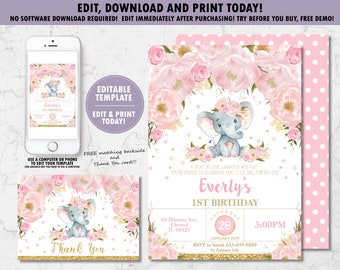 EDITABLE TEMPLATE Elephant 1st Birthday Invitation, Elephant Printable, Blush Pink Floral, Thank You Card, Whimsical, Girl Birthday, EP5