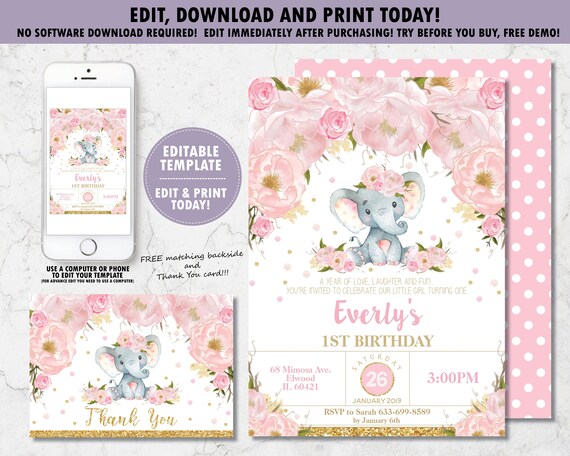 EDITABLE TEMPLATE Elephant 1st Birthday Invitation, Elephant Printable, Blush Pink Floral, Thank You Card, Whimsical, Girl Birthday, EP5 Il_570xn