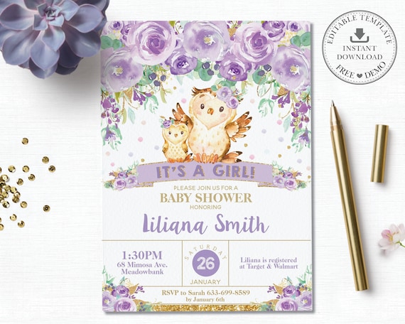 Owl Baby Shower Invitation, Woodland Animals Baby Girl Invitation, Purple Floral Baby Shower Invite, INSTANT EDITABLE TEMPLATE, OW3 Il_570xn