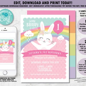 May include: Pink and blue printable invitation for a first birthday party. The invitation features a cartoon bunny with a flower crown and a rainbow. The text on the invitation reads "Some Bunny is Turning 1" and "Tiffany's 1st Birthday".